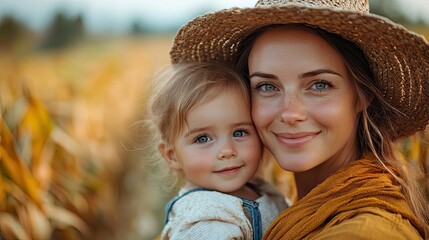Fototapeta premium portrait of female farmer with beautiful baby harvesting corn on the field