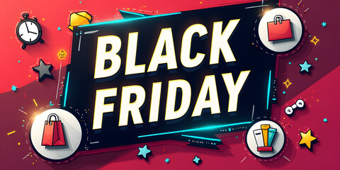 Fototapeta premium Bold Black Friday banner with vibrant colors, dynamic shopping icons, and energetic animations_00001_