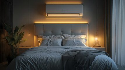 White air conditioner emitting cool blue breeze, blowing across bedroom, covering small particles, creating fresh atmosphere.