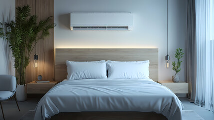 White air conditioner emitting cool blue breeze, blowing across bedroom, covering small particles, creating fresh atmosphere.