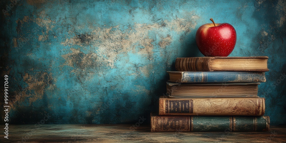 Poster a vintage stack of books with a red apple resting atop against a distressed teal wall