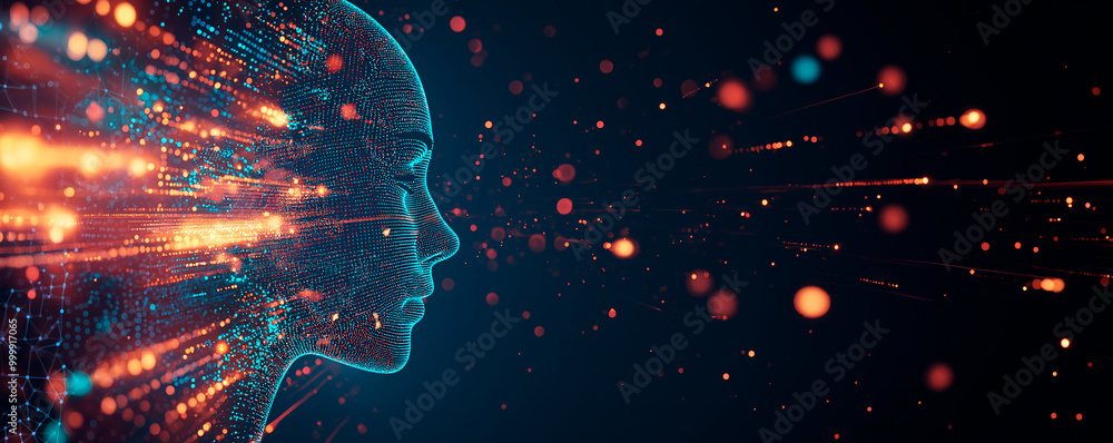 Poster abstract digital human head with data flow on dark background. ai generative.