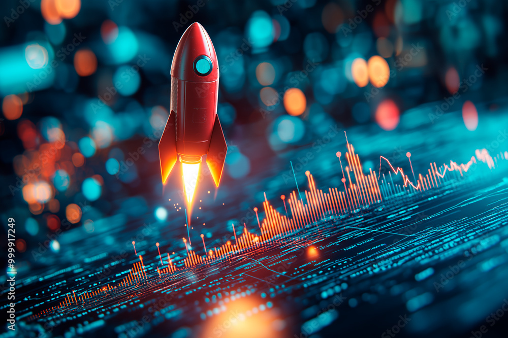 Poster Rocket launching from a digital graph with glowing elements on a tech-inspired background. Ai generative.