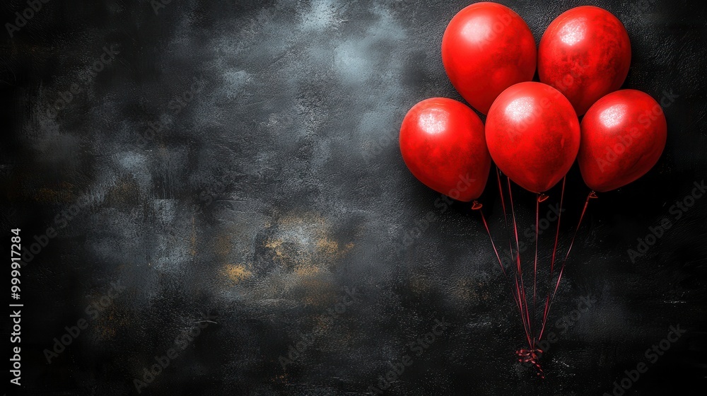 Poster A group of red balloons tied together against a dark textured background, perfect for adding a pop of color to any design.