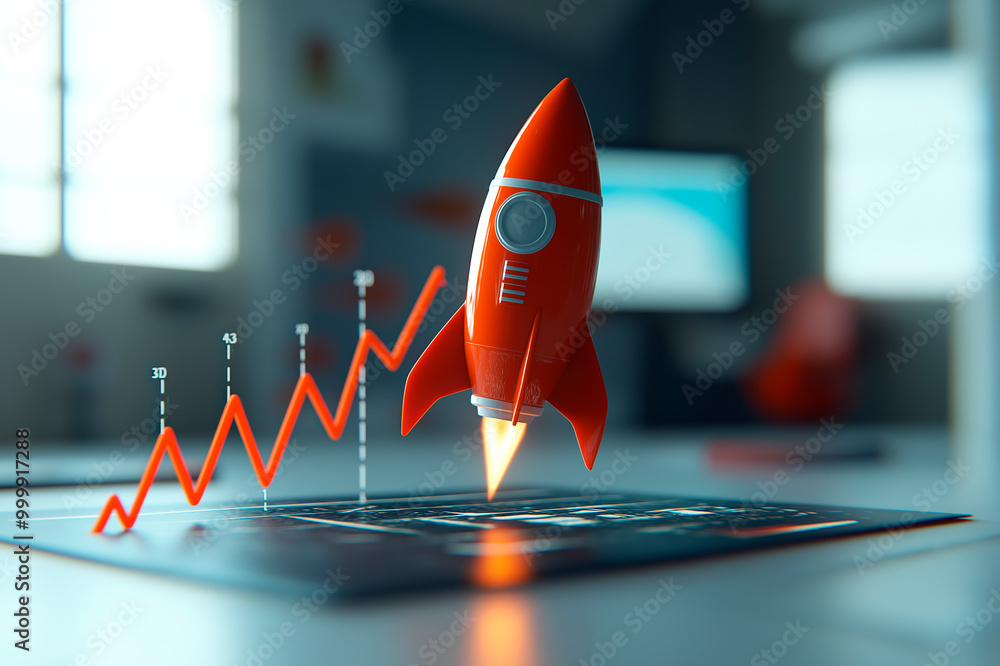Poster Red rocket launching from a digital tablet screen with an upward graph on a blurred office background. Ai generative.
