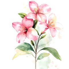 Watercolor painting of pink flowers with green leaves and soft background.