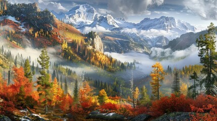 Obraz premium Misty Mountain Majesty in Autumn Hues
