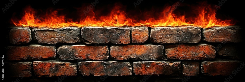 Aufkleber a brick wall illuminated by a fiery inferno, creating a striking contrast between the rough texture 