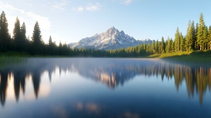 Serene Lake Reflection, a pristine lake mirroring majestic mountains under a clear blue sky, surrounded by lush greenery and tranquility.