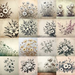 Vintage flowers on the concrete wall. AI generated illustration