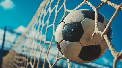 A close-up of a soccer ball in the net.