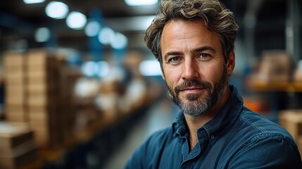 Obraz premium portrait of male project manager standing in modern industrial factory manufacturing facility with robotics and automation storing products and materials in warehouse
