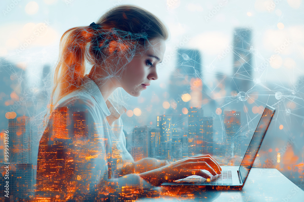 Poster woman working on a laptop with a cityscape and neural network overlay, representing technology and a