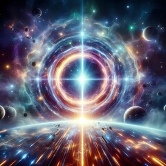 A futuristic space scene featuring a massive, glowing portal in the middle of a galaxy