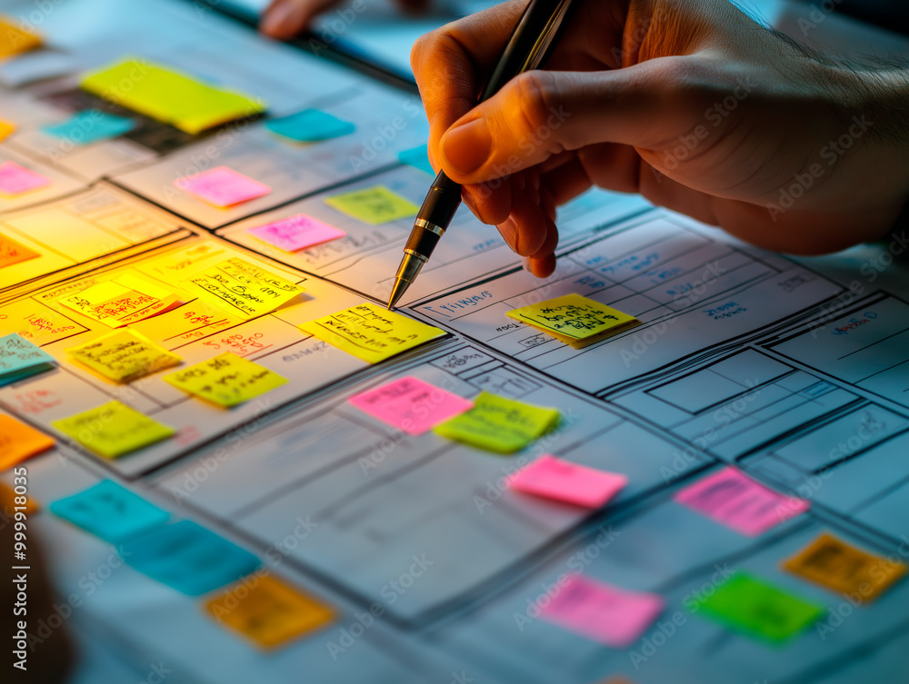 Aufkleber close-up of hand writing on colorful sticky notes on a project plan.
