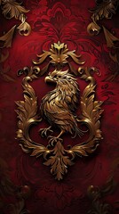 Ornate design featuring a golden eagle on a rich red background.