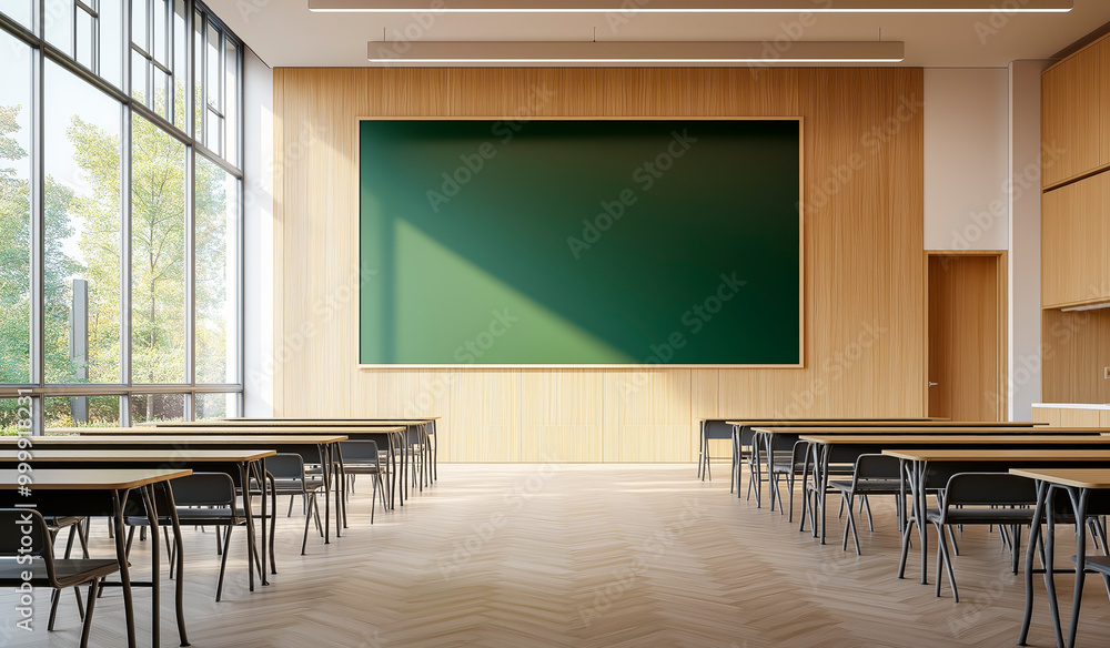 Poster modern classroom with large green chalkboard and wooden tables, illuminated by natural light through