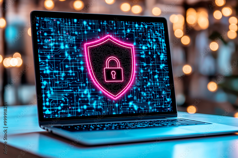 Aufkleber laptop displaying a neon lock shield on a digital circuit background, representing cybersecurity pro