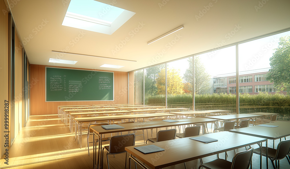 Poster modern classroom interior with large windows and skylights, featuring multiple desks and chairs, and
