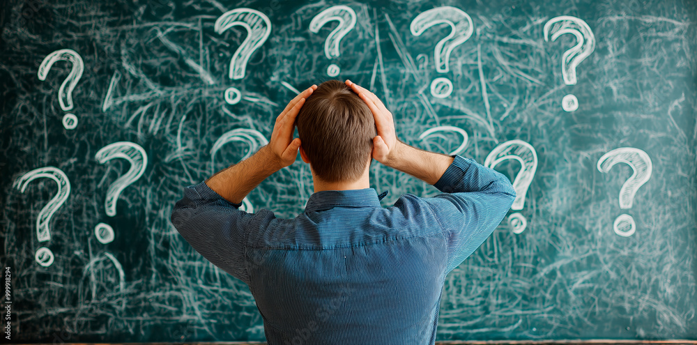 Aufkleber Man holding his head in front of a chalkboard filled with question marks in a classroom..