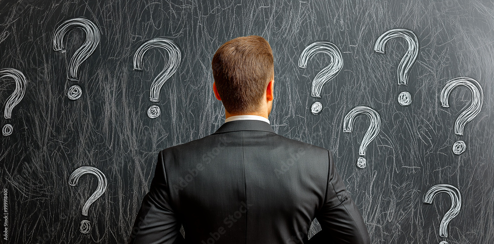 Fototapete Businessman facing chalkboard with multiple question marks on a dark background, conveying a concept of uncertainty and problem-solving.