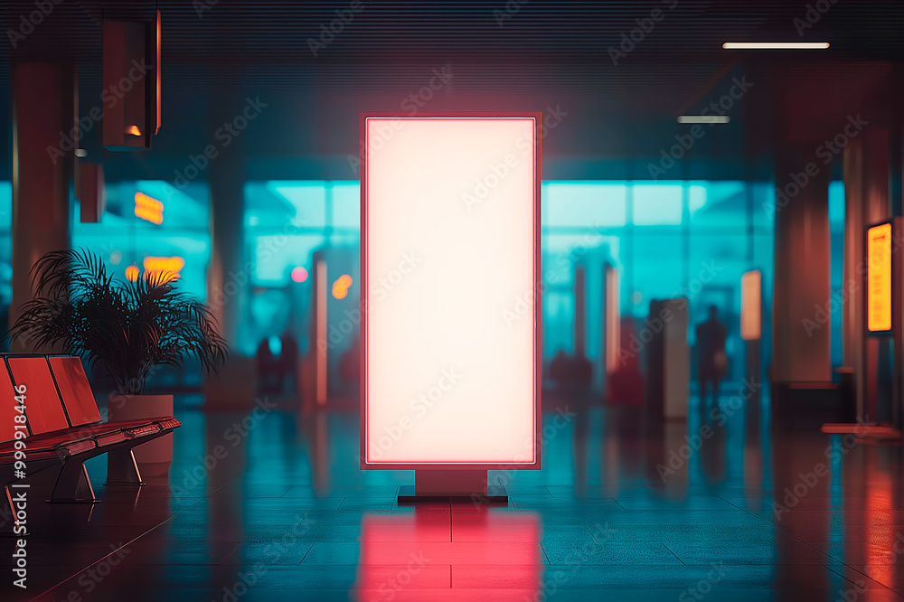Poster illuminated blank digital billboard in modern airport terminal with seats and plants, ready for adve