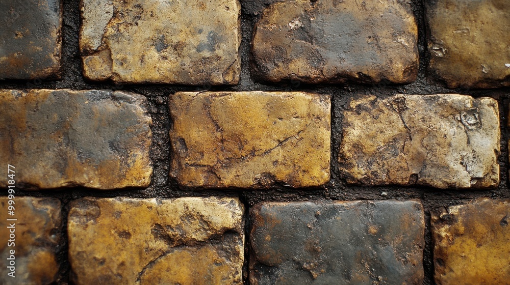 Poster a weathered stone wall, with each brick displaying a unique pattern of erosion and staining, showcas