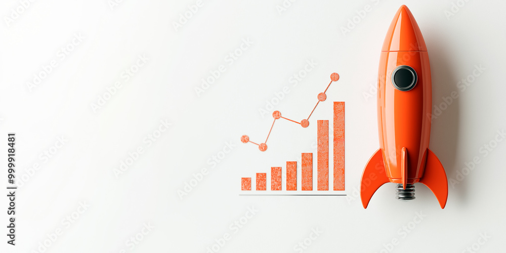 Poster Orange rocket with bar and line graph on white background. Abstract concept of growth and progress.