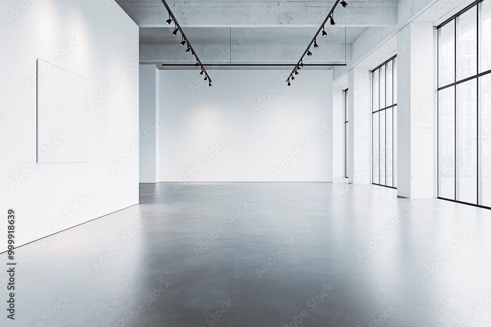 Poster Modern empty art gallery with white walls and large windows.