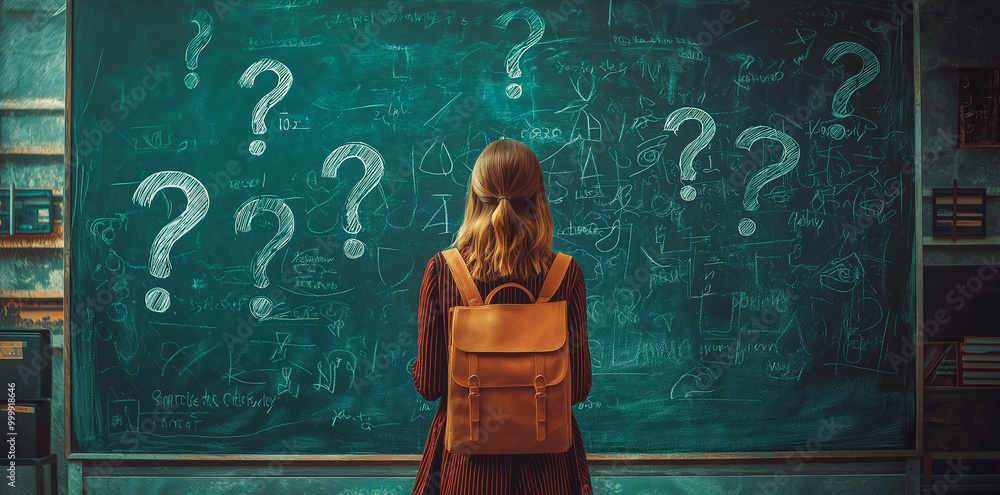 Fototapete A student with a backpack stands in front of a chalkboard filled with question marks in a classroom.
