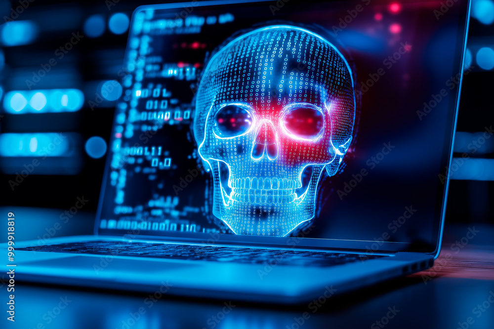 Poster Digital skull hologram on a laptop screen symbolizing cyber threats and hacking in a neon blue and red light.