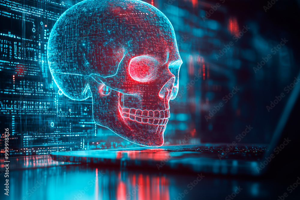 Poster digital skull with a holographic style on a dark background, symbolizing cyberattacks, hacking, and 