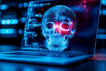 Digital skull hologram on a laptop screen symbolizing cyber threats and hacking in a neon blue and red light.