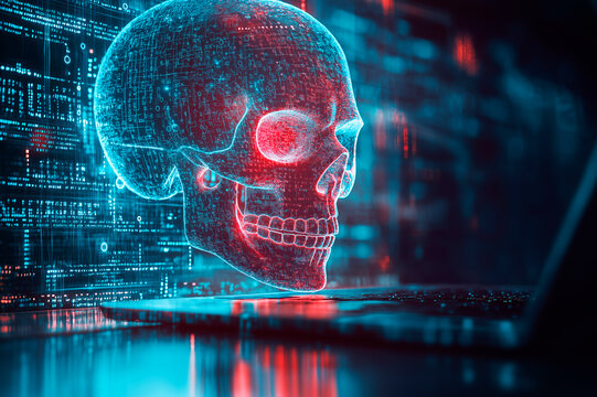 Digital skull with a holographic style on a dark background, symbolizing cyberattacks, hacking, and cybersecurity threats. - Powered by Adobe