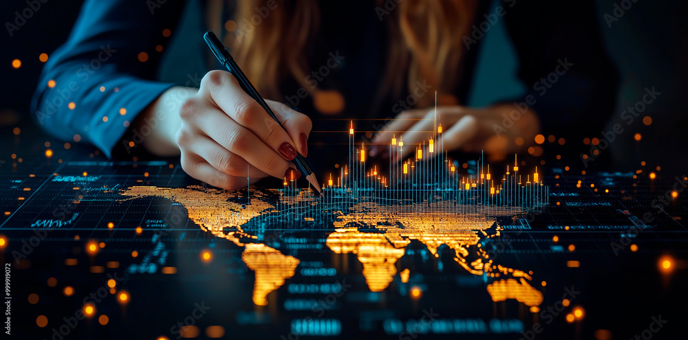 Poster data analysis concept with handwriting on digital world map background.