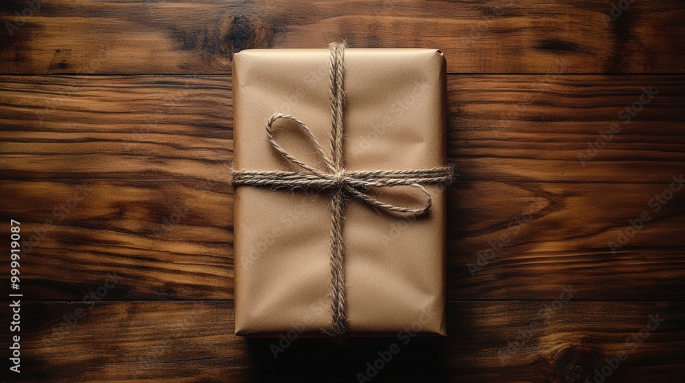 Aufkleber A rustic brown gift box tied with twine sits on a wooden background The box is wrapped in simple kraft paper and the twine is tied in a simple bow 