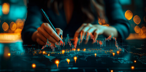 Close-up of a person analyzing forex trading data on a futuristic screen with charts and graphs in the background.
