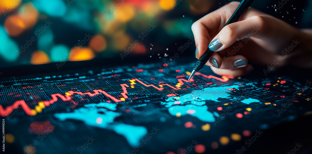 Poster hand drawing on a digital forex trading chart with global data on a screen background.