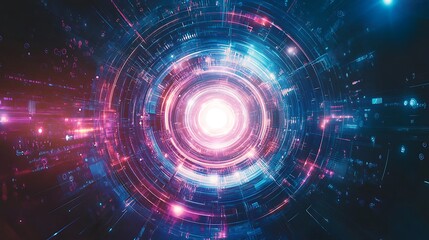 Obraz premium Abstract digital technology background with glowing circular pattern, lines, and light effects.