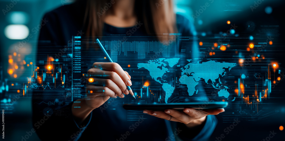 Poster Digital interface with global data analytics on screen, background.