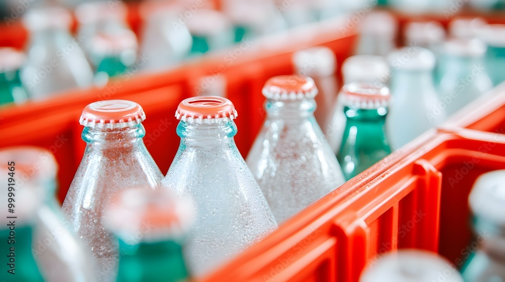Poster vibrant display of glass soda bottles in red crates, rows of colorful beverages awaiting enjoyment, 