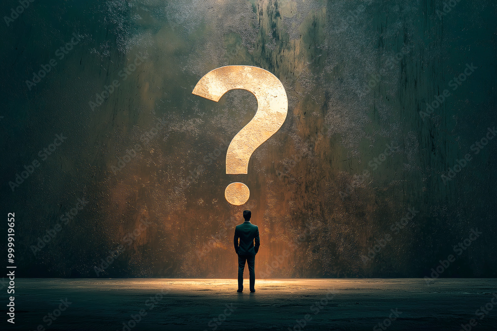 Poster Man facing a giant illuminated question mark on a textured wall in a dark room.