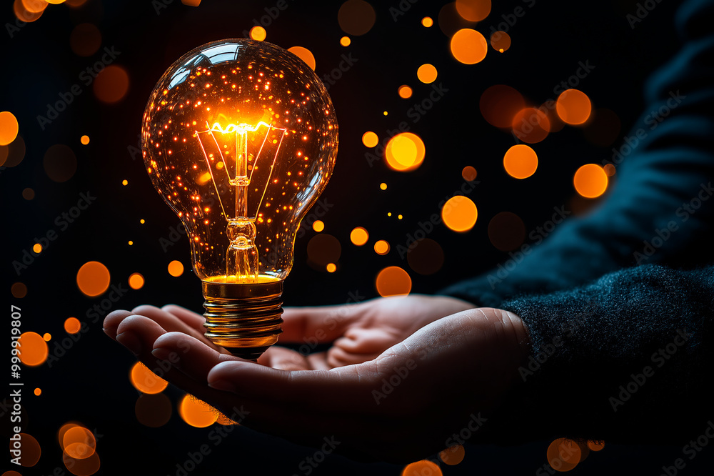 Poster hand holding illuminated lightbulb with glowing particles on dark background.