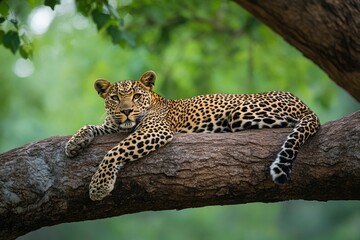 wild male leopard or panther or panthera pardus relaxing sitting on tree trunk branch in monsoon season safari and in natural scenic green background.generative ai