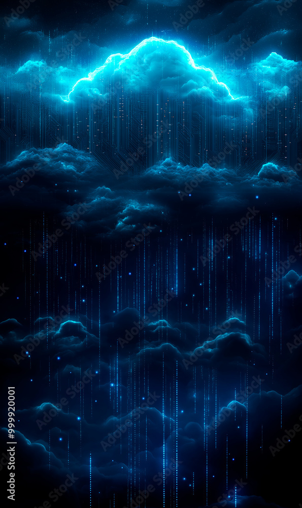 Poster Digital clouds with glowing circuits on dark background, concept of cloud computing technology.