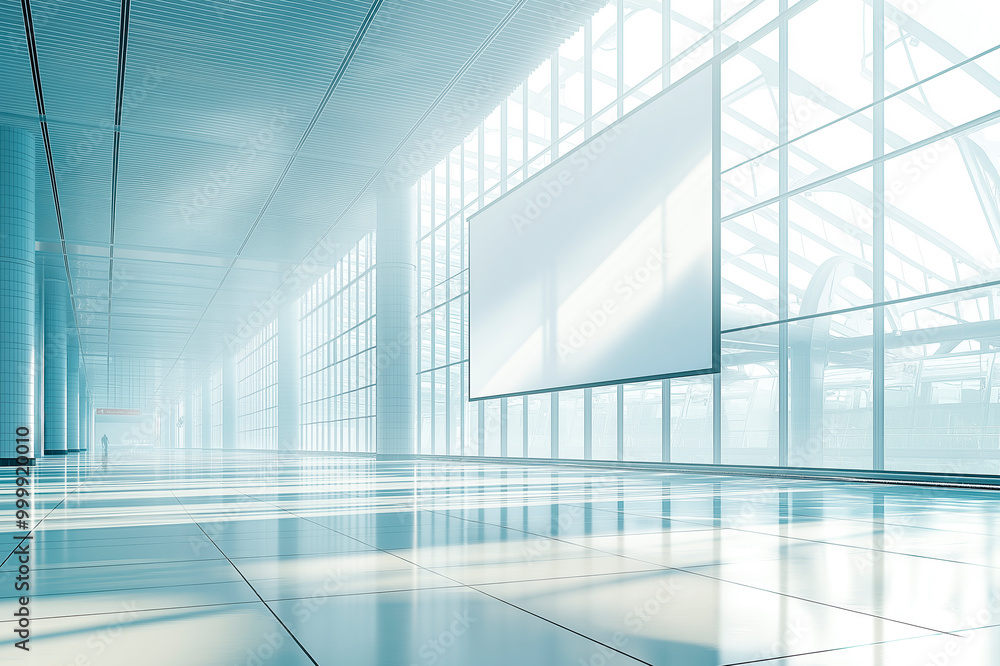 Poster large empty modern interior space with a blank screen for display or advertising.