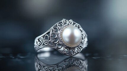Naklejka premium A stunning pearl ring set in silver, with intricate detailing surrounding the central pearl, resting on a reflective surface to enhance its elegance.