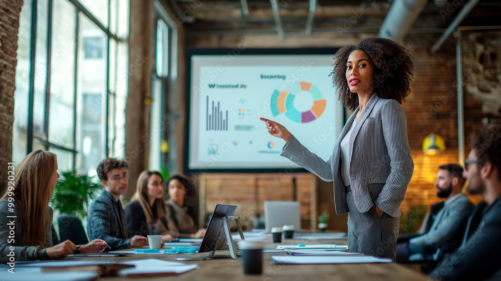 Poster businesswoman giving presentation to colleagues in modern office with large windows and graphs on sc