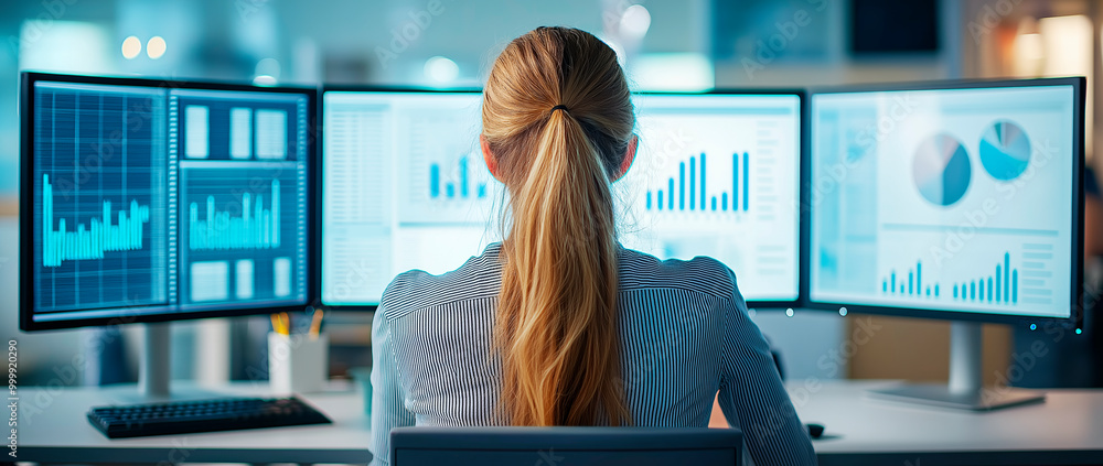Poster Woman working at multiple computer screens with data charts in a modern office background.