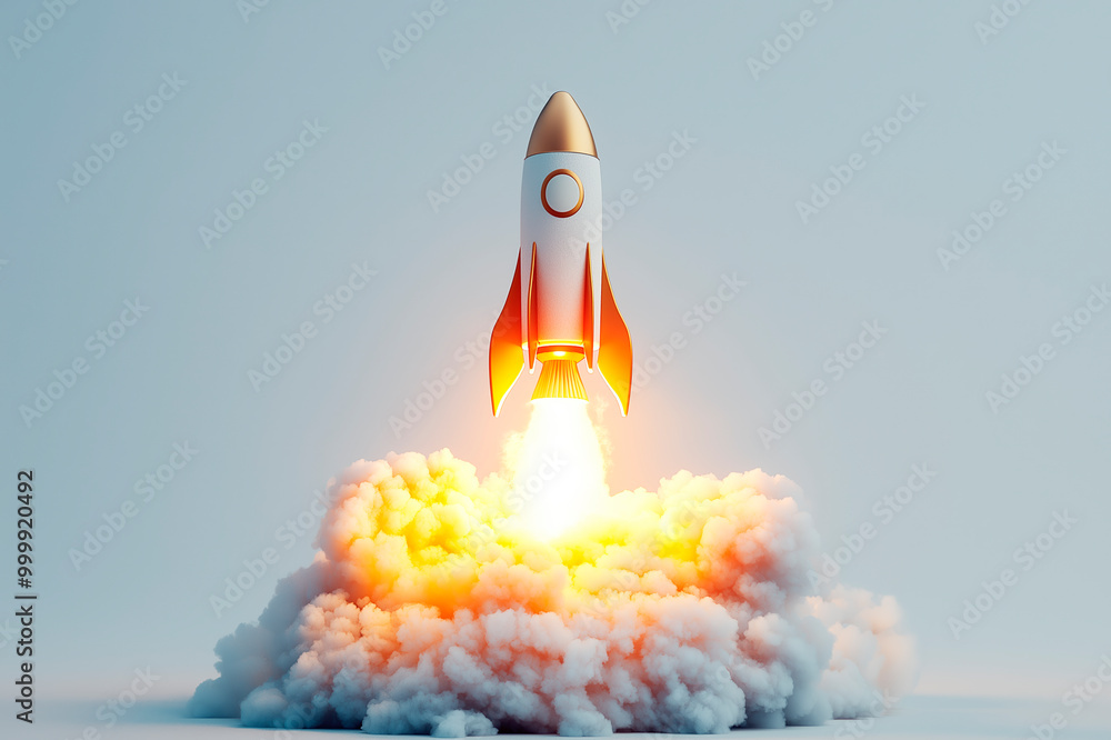 Poster rocket taking off with bright flames and clouds on a light background, concept of space exploration 